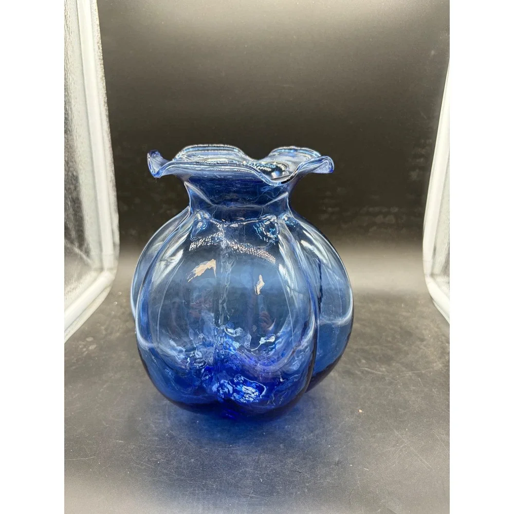 Cobalt Blue Hand Blown Glass Vase Lobed Pumpkin Shape Ruffled Rim 6 Inch